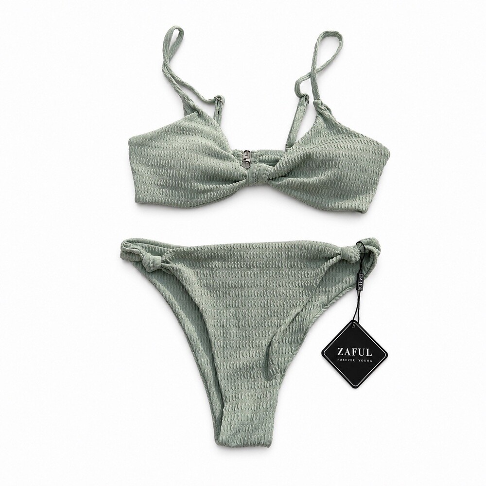 ZAFUL Sage Green Textured Twist High Cut Brazilian Bikini Set Size S NWT